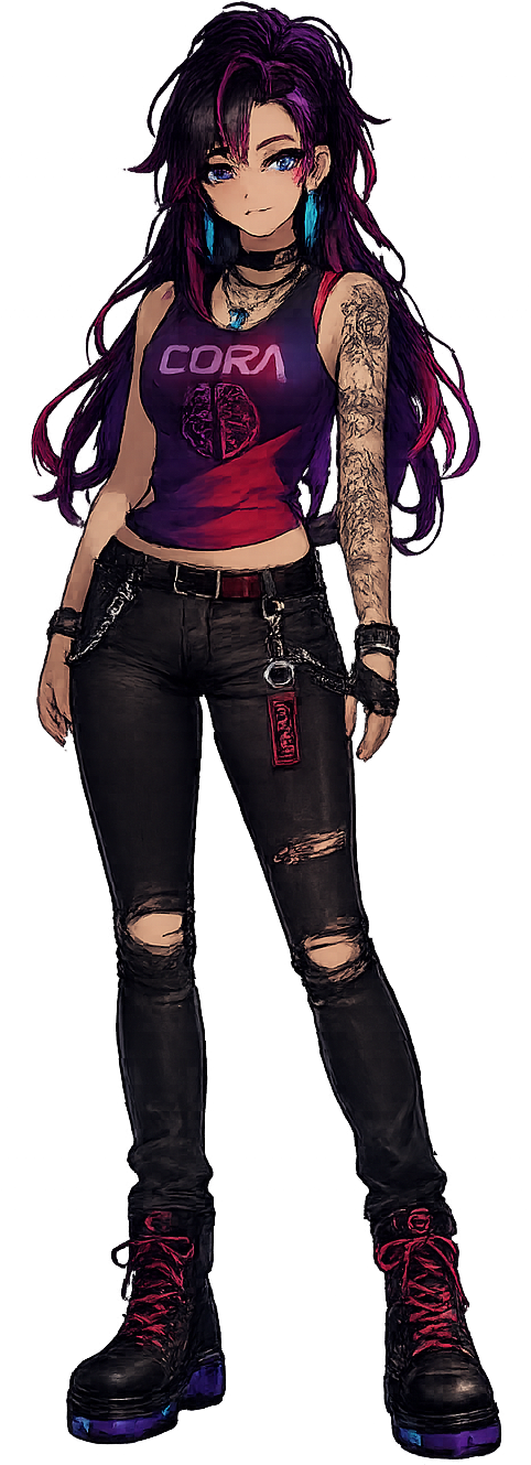 CORA standing avatar in purple, red, black, and electric-cyan accents